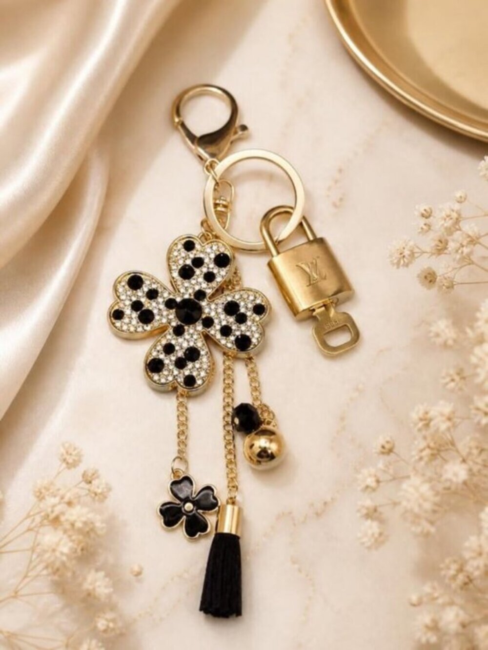 LV Gold Padlock 🔑 Authentic Louis Vuitton Charm + Unbranded Flower Keychain